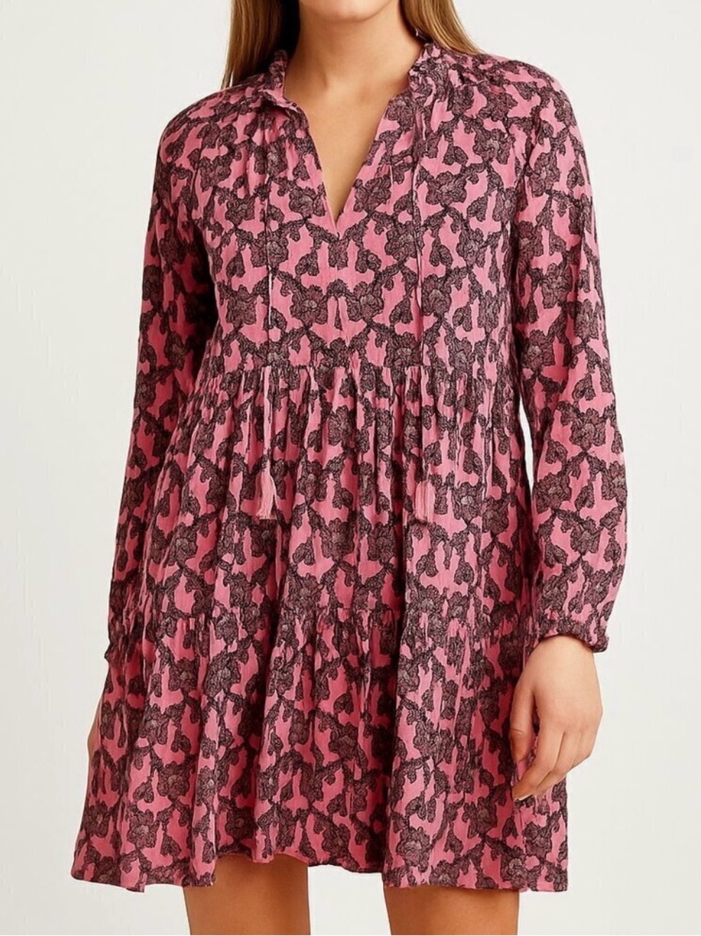 Roller Rabbit Pink floral Dress Long Sleeve with tassels size Large